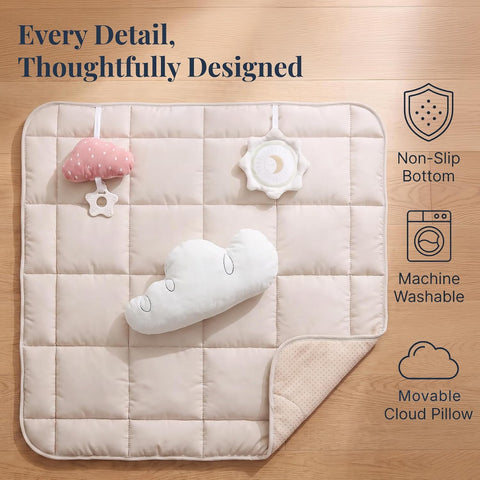 Wooden Play Gym with Beige Mat, Foldable Baby Play Gym, Infant Activity Mat with 6 Hanging Toys, Natural Pine Wood Frame Activity Center, Easy to Assemble & Clean, Newborn Present for Boys & Girls