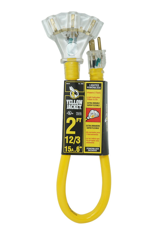 Yellow Jacket 2882 12/3 Heavy Duty 15-Amp, 125 Volts 1875 Watts, Premium SJTW Contractor Grade 3 Outlet Extension Cord with Lighted End, 2-Feet, Yellow, UL Listed, 2 Foot,…