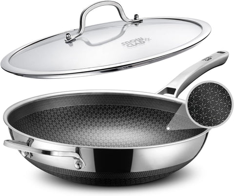 SNOWCLAD Wok, 13 Inch Hybrid Woks & Stir-fry Pans Nonstick, Non Toxic Stainless Steel Wok Pan with Lid, Dishwasher Induction Oven Broiler Safe, PFOA Free Cookware Non Stick