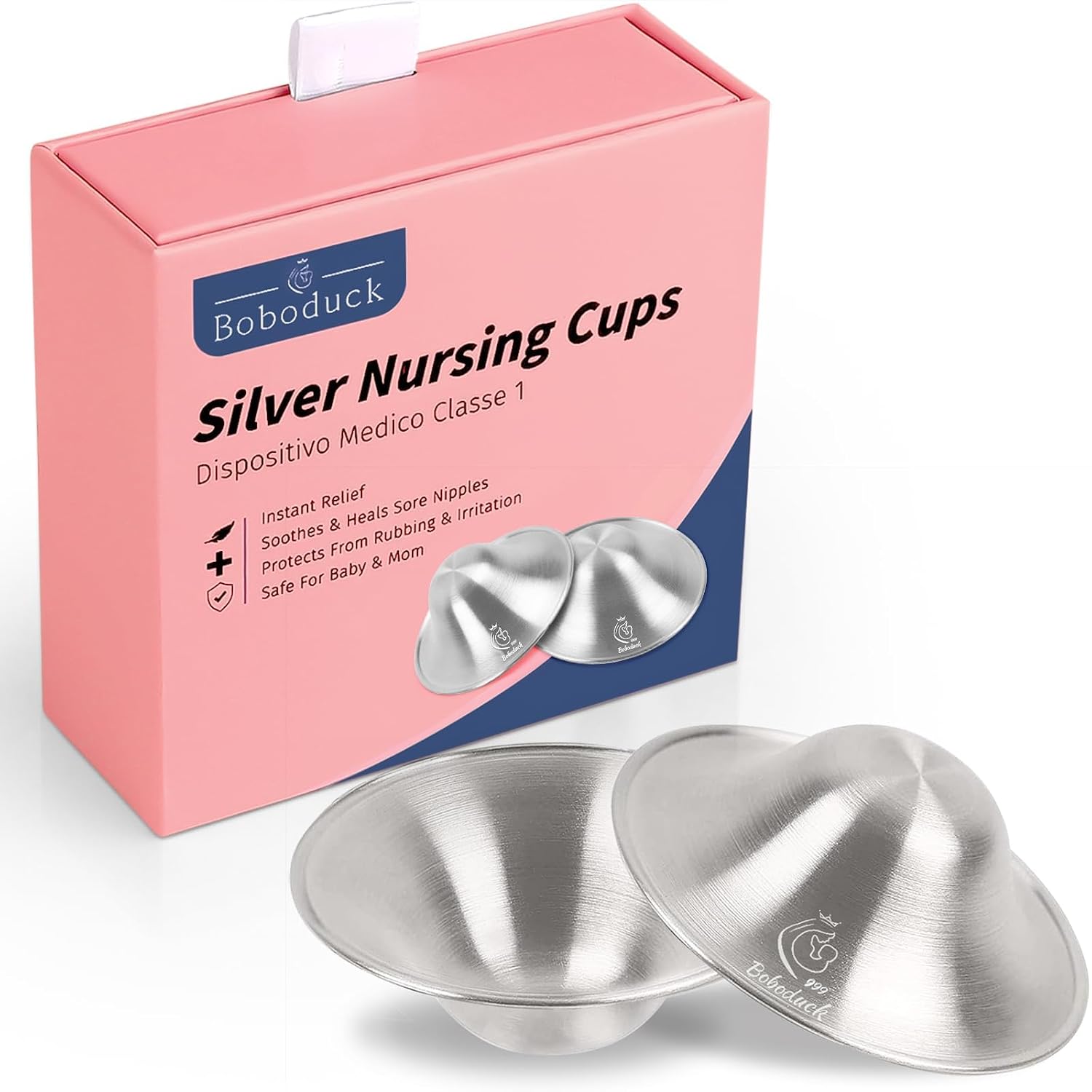 Boboduck The Original Silver Nursing Cups - Nipple Shields for Nursing Newborn, Newborn Breastfeeding Must Haves for Soothe and Protect Your Nursing Nipples - Trilaminate 999 Silver (Regular Size)
