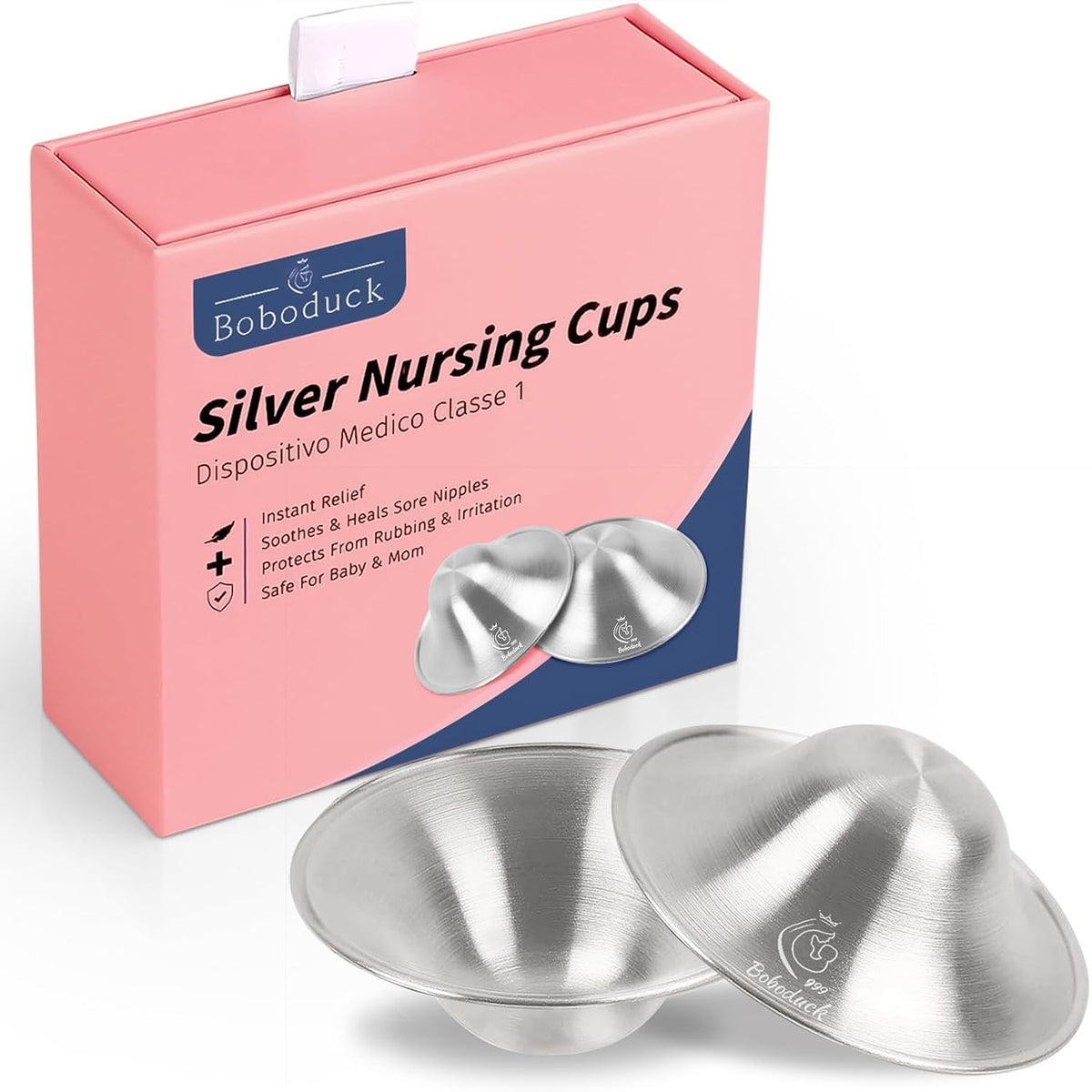 Boboduck The Original Silver Nursing Cups - Nipple Shields for Nursing Newborn, Newborn Breastfeeding Must Haves for Soothe and Protect Your Nursing Nipples - Trilaminate 999 Silver (Regular Size)