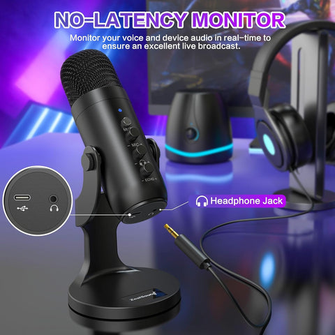 ZealSound Podcast Microphone for PC, Noise Cancellation USB Mic with Gain, Volume Adjustment & Mute Button, Monitoring & Echo, for YouTube, TikTok, Podcasting, Streaming, iPhone, iPad, Android, Mac