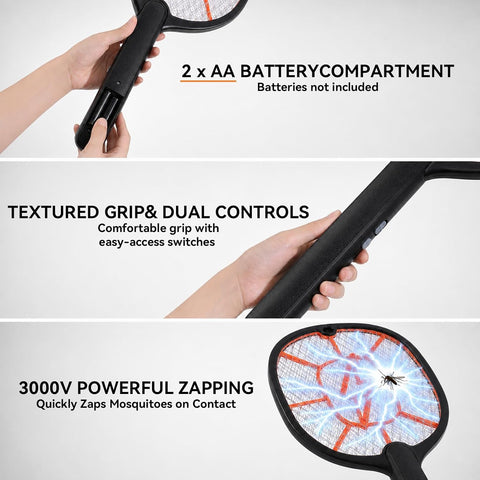 2-Pack Electric Fly Swatter – Battery Powered Mosquito & Bug Zapper Racket with Safe Mesh & Wall-Mount Design for Indoor and Outdoor Use (Black & Gray)