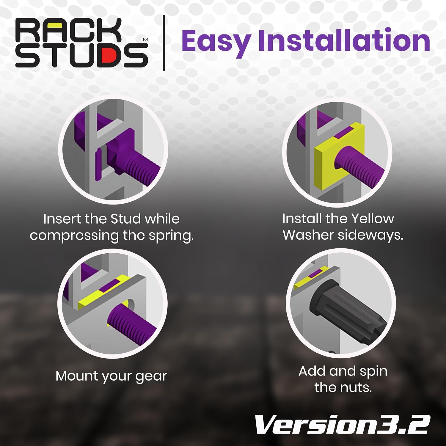 Rackstuds P100 Series II - Server Rack Screws 100-Pack | Cage Nut Replacement Purple 3.2mm/0.126" | A Faster, Easier Solution for Rack mounting Gear in 19" Racks with Square Punched Vertical Rails