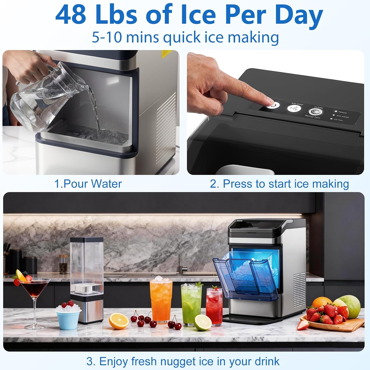 Nugget Ice Maker Countertop, 48LBS/24H Chewable Pellet Ice Maker with 0.8 Gal Water Tank, 5 Mins Fast Ice Making, Self-Cleaning Chewable Ice Machine Low Noise for Home, Kitchen, Office, Bar
