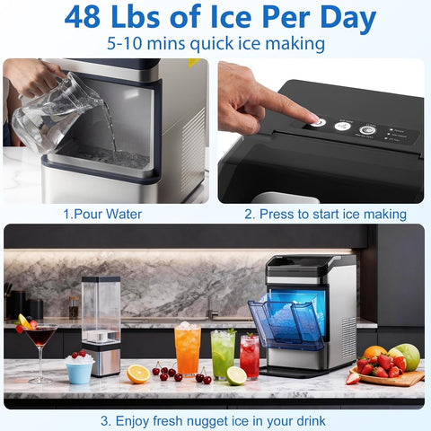 Nugget Ice Maker Countertop, 48LBS/24H Chewable Pellet Ice Maker with 0.8 Gal Water Tank, 5 Mins Fast Ice Making, Self-Cleaning Chewable Ice Machine Low Noise for Home, Kitchen, Office, Bar