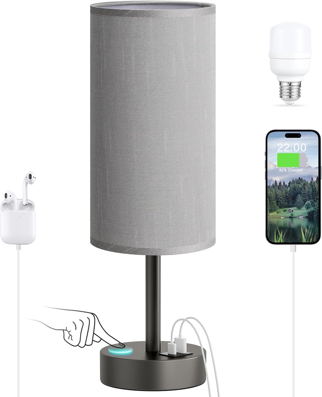 Dicoool Bedside Table Lamp for Bedroom - 3-Way Dimmable Touch Lamp, USB A+C