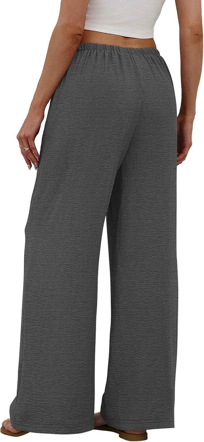 Sampeel Wide Leg Pants for Women Flowy Palazzo Drawstring Elastic Waist Trousers with Pockets Summer Beach Vacation Clothes