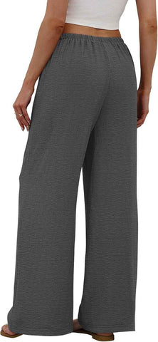 Sampeel Wide Leg Pants for Women Flowy Palazzo Drawstring Elastic Waist Trousers with Pockets Summer Beach Vacation Clothes