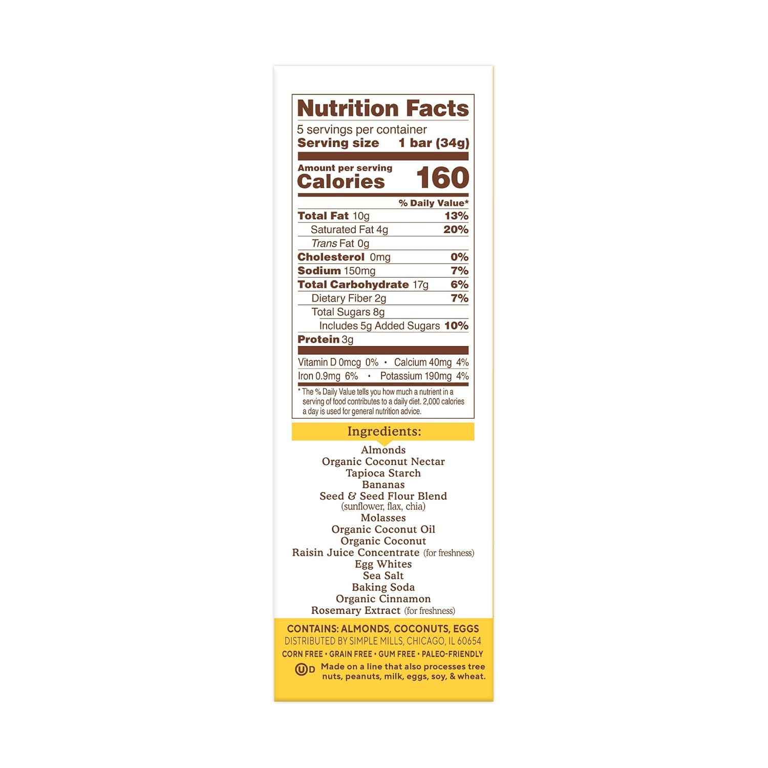 Simple Mills Almond Flour Snack Bars, Nutty Banana Bread - Gluten Free, Made with Organic Coconut Oil, Breakfast Bars, Healthy Snacks, Paleo Friendly, 6 Ounce (Pack of 6)