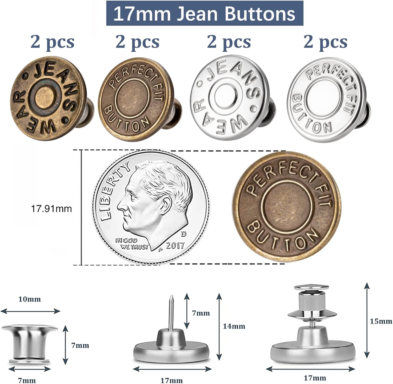 8 Sets of 17 mm Pants Button Jean Buttons Pins for Loose Jeans, Adjustable Button for Jeans, Reusable and Adjustable Metal Pants Button Tightener