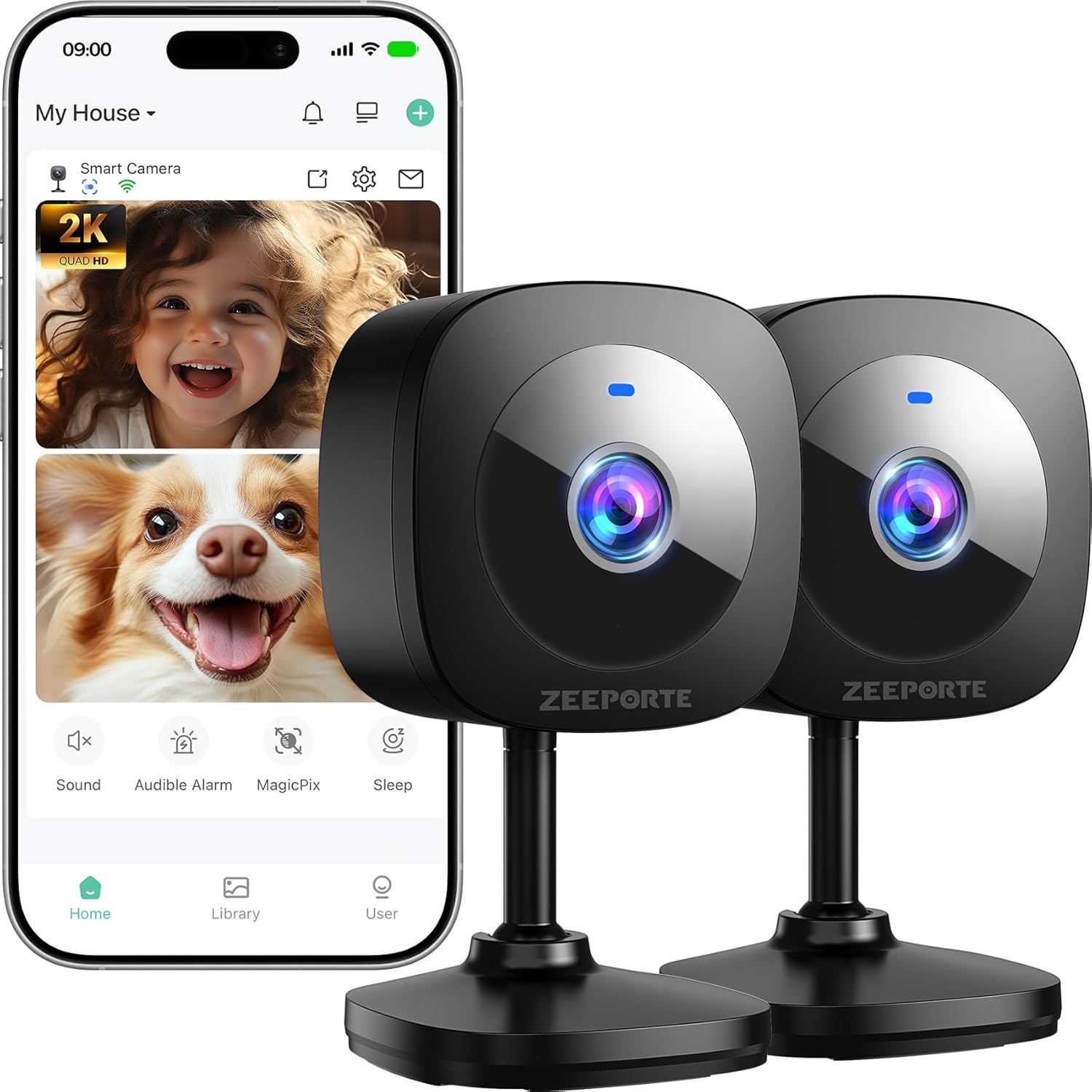 ZEEPORTE 2K Indoor Cameras for Home Security - Baby Monitor and Dog Pet Camera with Motion Detection, Night Vision, 2-Way Audio, Siren, Wired Security Camera (2-Pack)