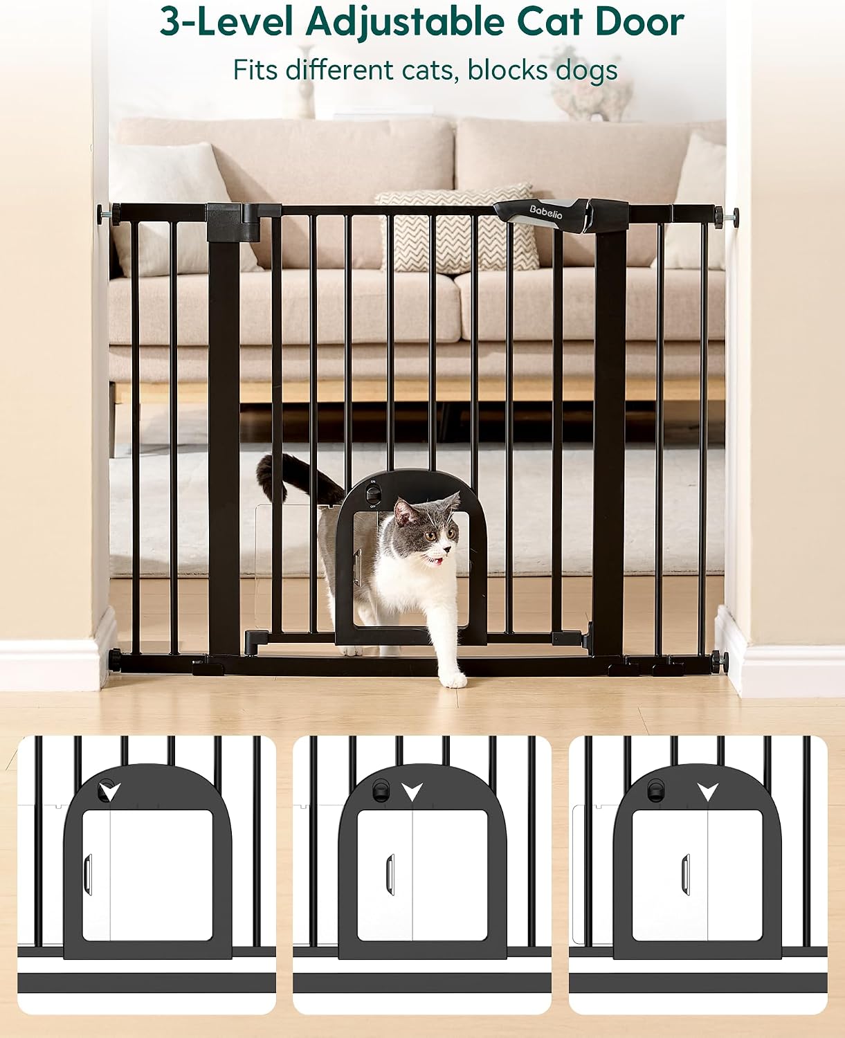 Babelio Dog Gate with Adjustable Cat Door, CatPrivilege III, 29-43", Black