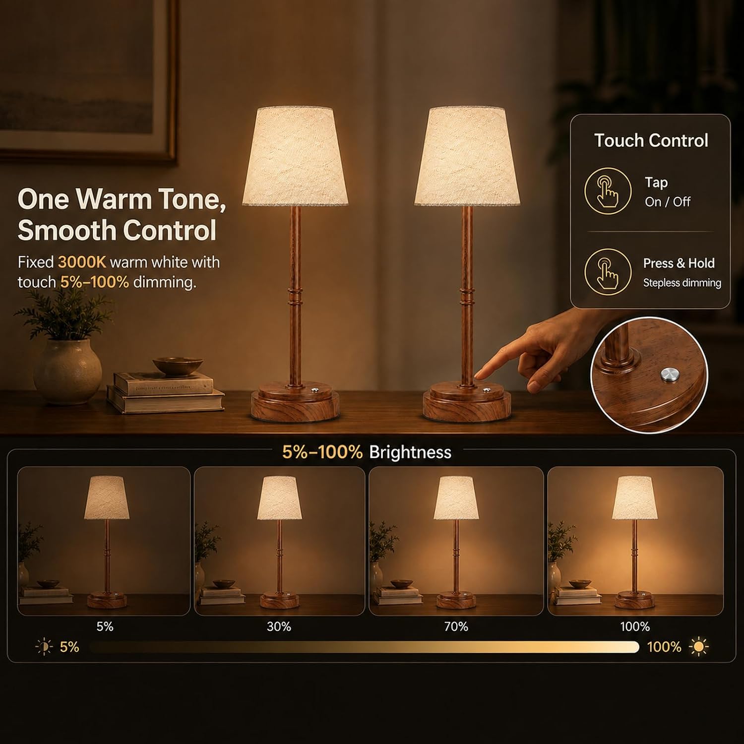 Cordless Table Lamps 2 Pack, Rechargeable Battery Operated Lamps, Wood