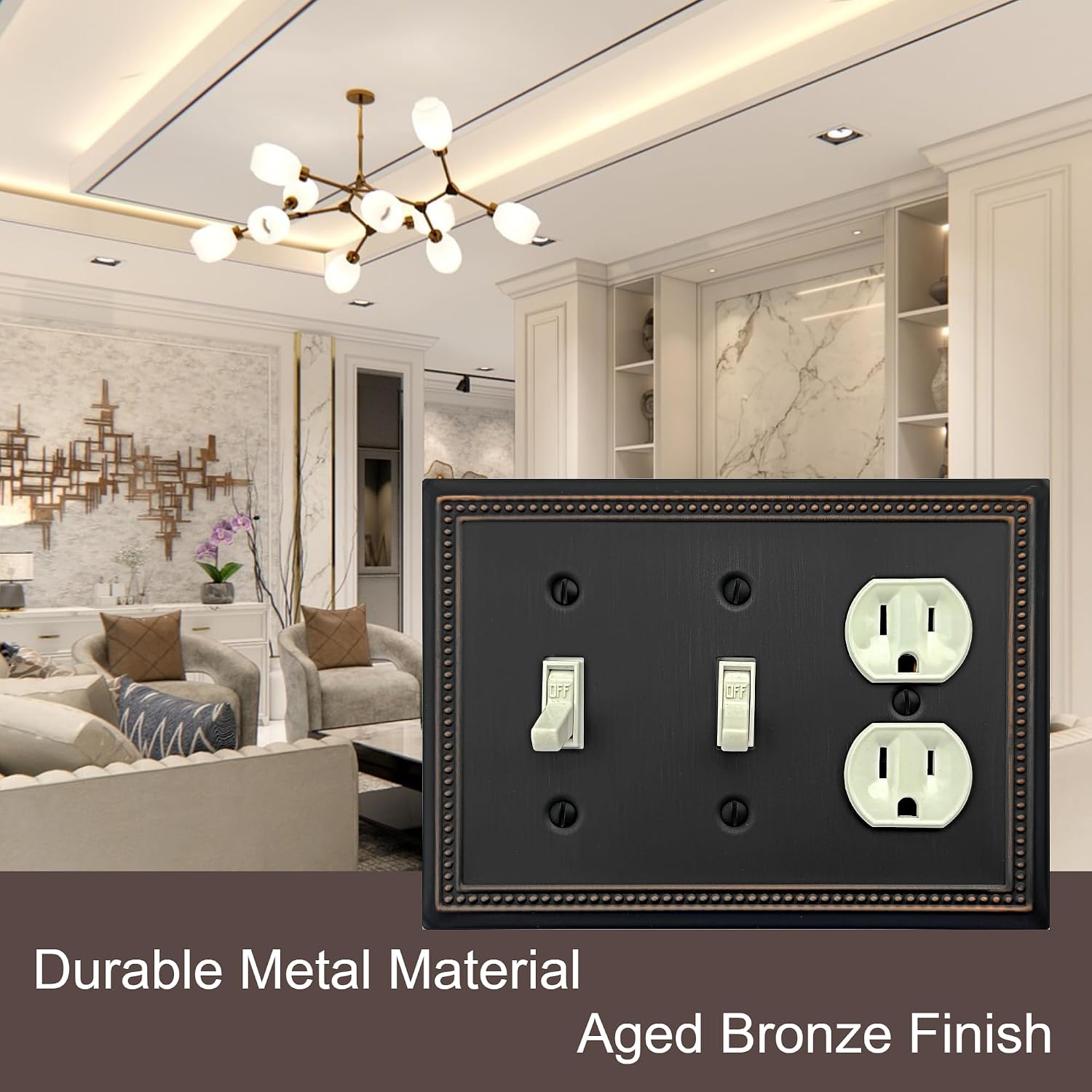 OKAWYC Double Toggle/Single Duplex Light Switch Cover Belaire Beaded Metal Wall Plate, 2-Pack Aged Bronze 3 Gang, Oil Rubbed Bronze Light Switch Cover Outlet Cover Decorative Wallplate, Durable