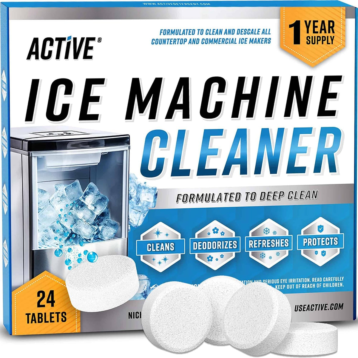 ACTIVE Ice Machine Cleaner Maker Descaler - 24 Clean Tablets Compatible with Frigidaire, Opal, GE Profile, Kitchenaid, Nickel Safe Scale Remover for Countertop, Nugget Ice Makers - Bulk 1 Year Supply