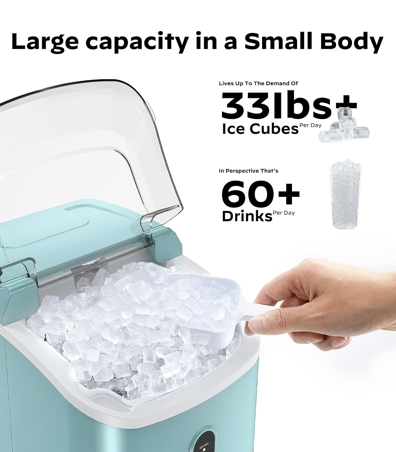 Nugget Ice Maker Countertop, Pellet Ice Machine with Self-Cleaning Function, Produces 33 lbs of Chewable Ice in 24 Hours, Sonic Ice Maker Perfect for Home Kitchens and Offices, Green