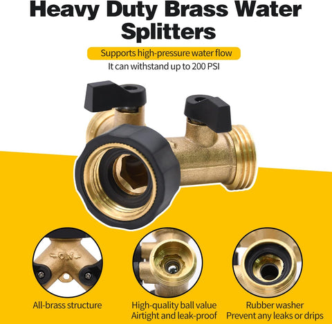 4 Pack Hose Splitter, 2 Way Heavy Duty Brass Garden Hose Splitter, for 3/4" Hose Connector, Brass Garden Hose Manifold with Rubber Washers & Tapes