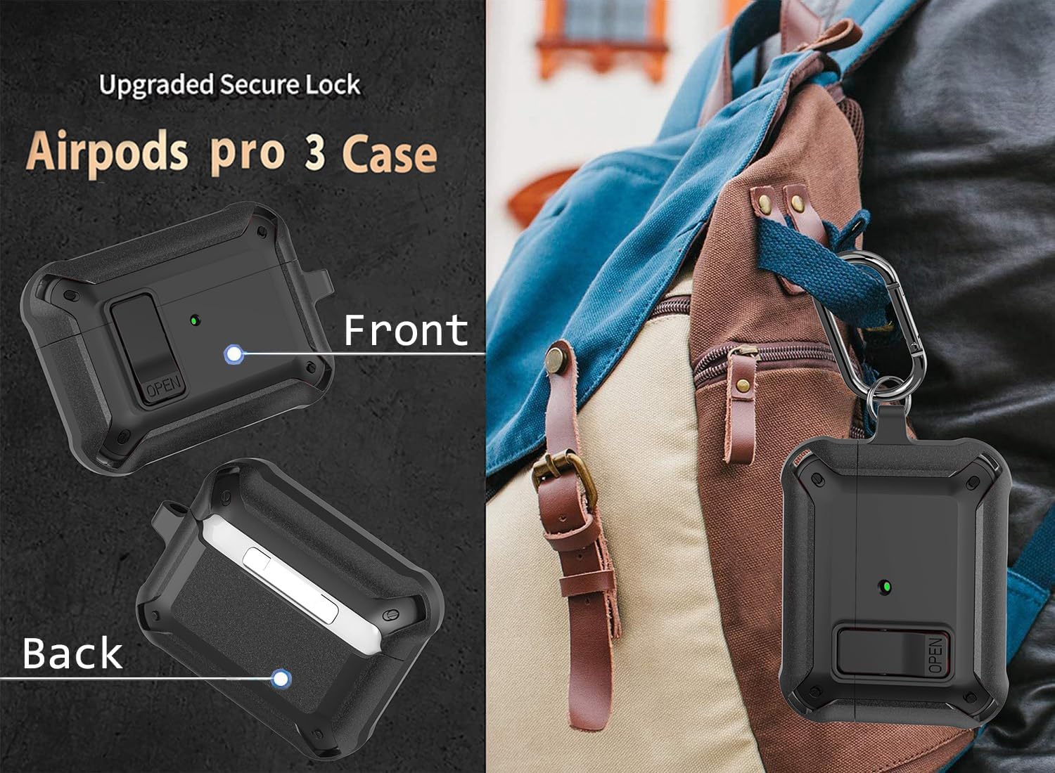 Olytop for Airpods Pro 3 Case with Lock Clip, Rugged Apple Airpods Pro 3rd Generation Cover 2025 Men Women, Armor Shockproof iPod Pro3 Gen Protective Hard Shell with Carabiner&Cleaner kit, Black