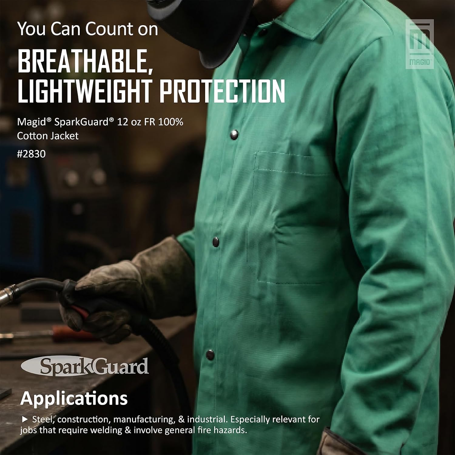 MAGID SparkGuard Flame Resistant Green Welding Jacket | 1 Jacket | 12 oz. Heavyweight 100% Cotton Sateen | ASTM D6413 | Men's | 2830