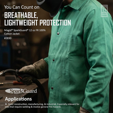 MAGID SparkGuard Flame Resistant Green Welding Jacket | 1 Jacket | 12 oz. Heavyweight 100% Cotton Sateen | ASTM D6413 | Men's | 2830