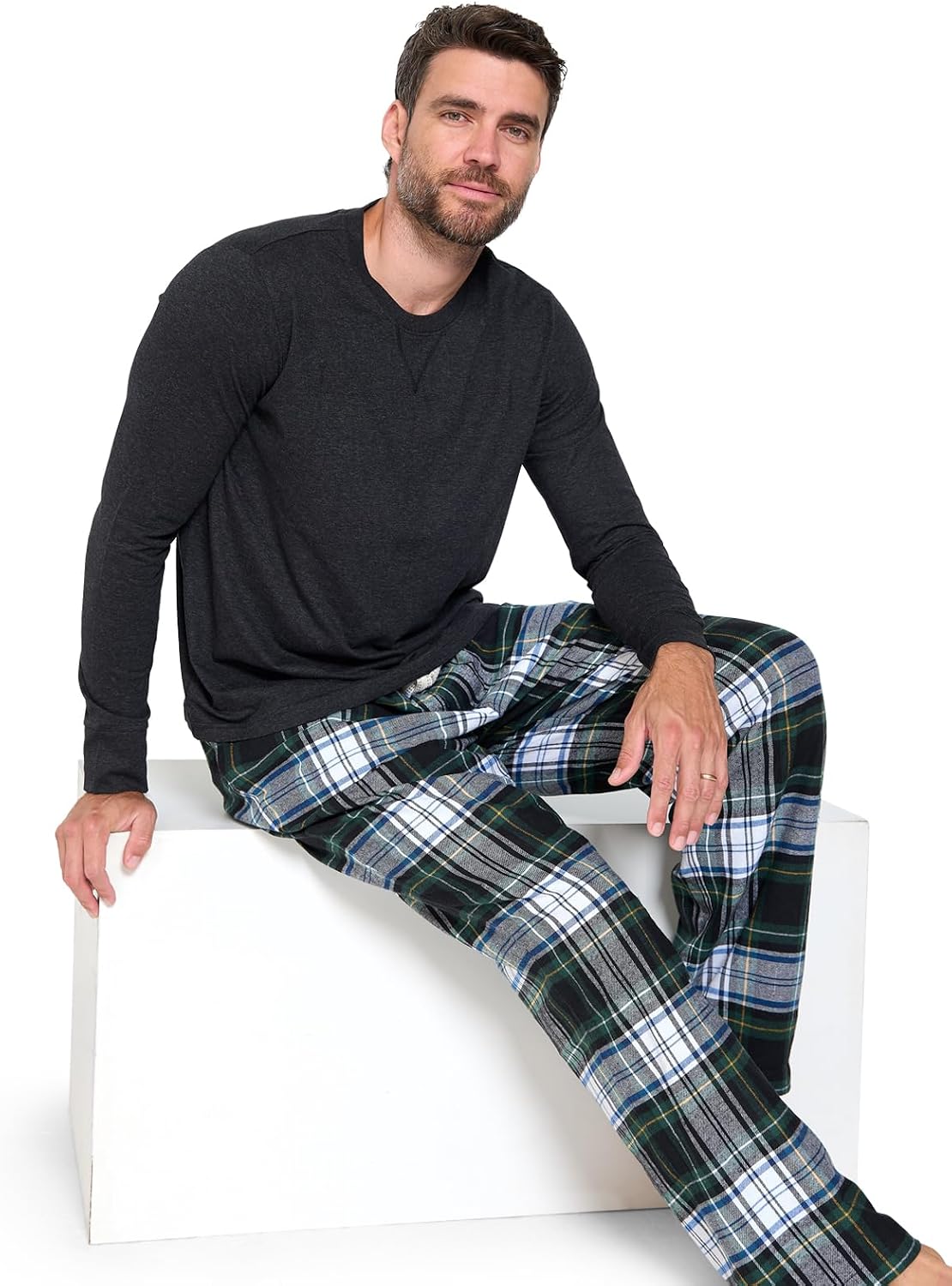Ashford & Brooks Mens Flannel Pajamas Set, Jersey Cotton Long Sleeve Top & Plaid Pants Flannel Pjs Sets