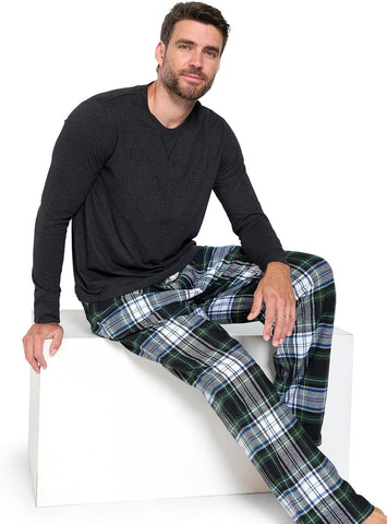 Ashford & Brooks Mens Flannel Pajamas Set, Jersey Cotton Long Sleeve Top & Plaid Pants Flannel Pjs Sets