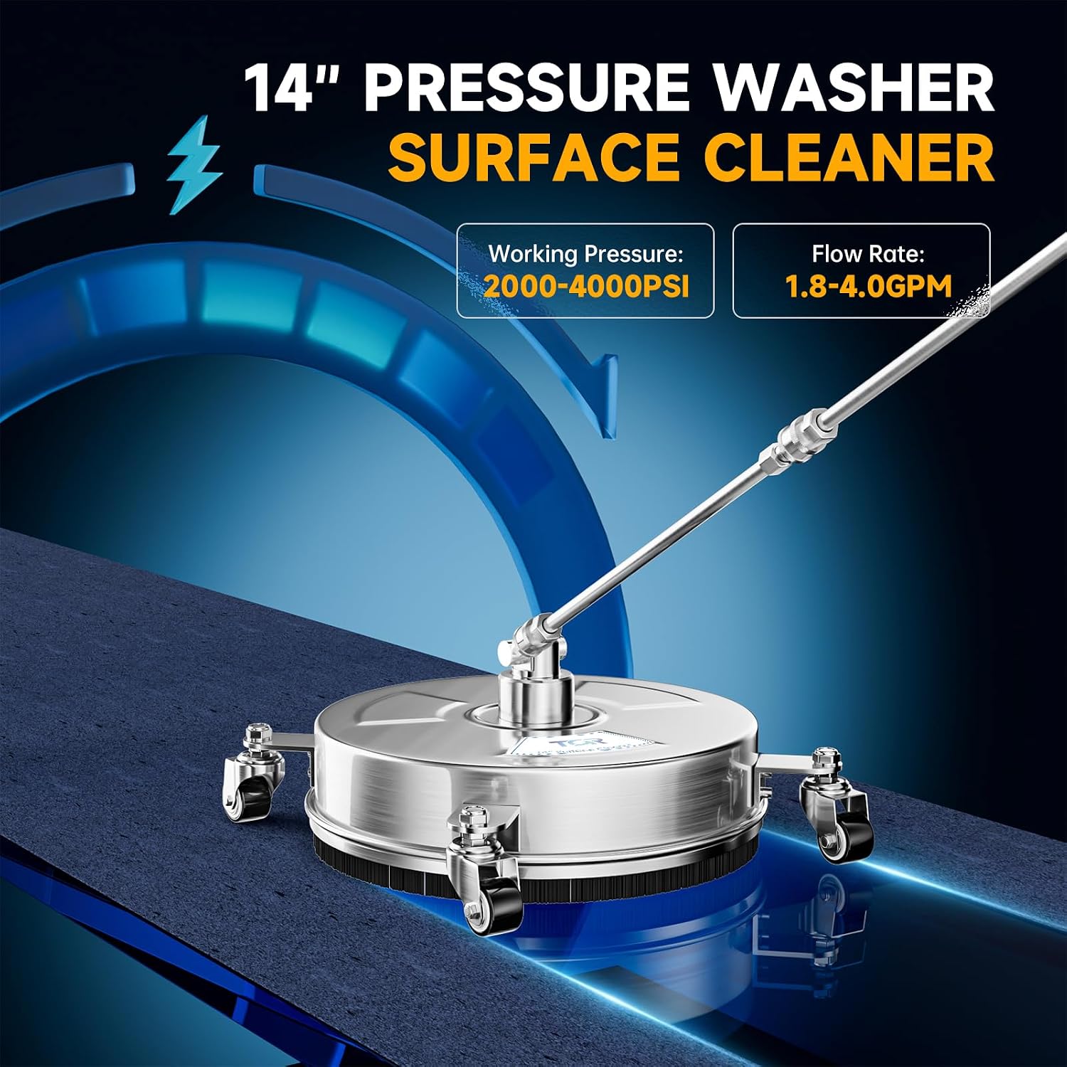 14" Pressure Washer Surface Cleaner 4000 PSI Stainless Steel, 4 Wheels