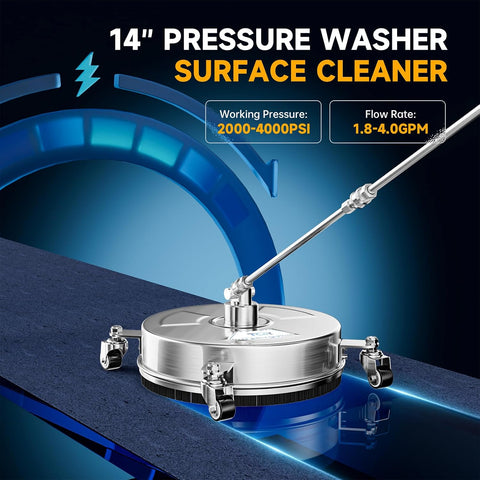 14" Pressure Washer Surface Cleaner 4000 PSI Stainless Steel, 4 Wheels