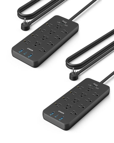 2 Pack Surge Protector Power Strip (2100J), Anker 12 Outlets with 1 USB C and 2 USB Ports for iPhone 15/15 Plus/15 Pro/15 Pro Max, 5ft Extension Cord, Flat Plug, 20W for Home,Office,TUV Listed