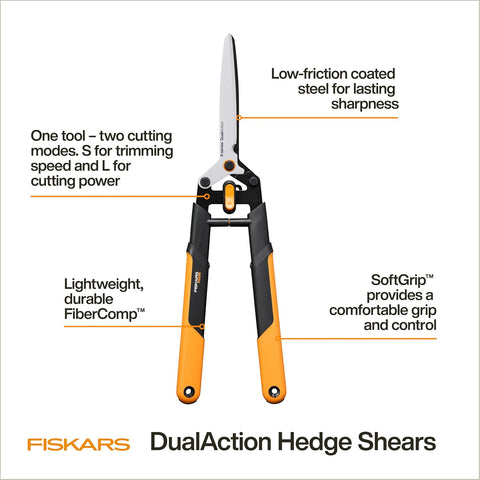 Fiskars 25" DualAction Hedge Shears, 2-in-1 Fast or Powerful Trimming