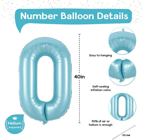 40 Inch Pastel Blue Number 0 Balloons, Giant Self Inflating Foil Number Balloon 0-9 for Boys, Baby Light Blue Mylar Helium 0 Balloons for Kids Age Birthday Party Decor Anniversary Decorations Supplies