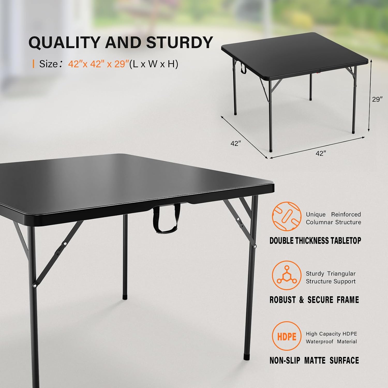 VINGLI 42" Fold in Half Square Table, Bi-Folding Commercial Portable Plastic Dining Table for Kitchen Outdoor Party Wedding Event, Black