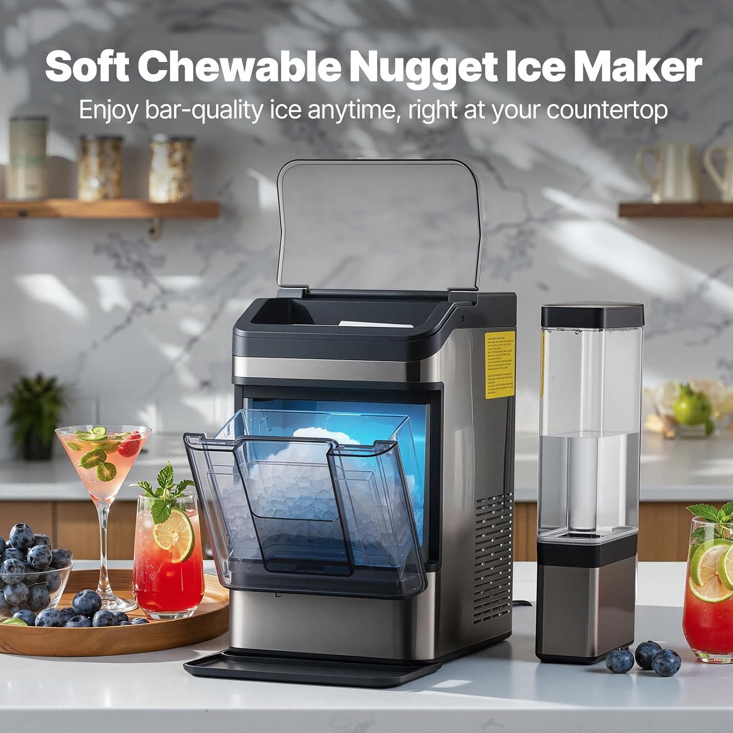 Nugget Ice Maker Countertop, 48LBS/24H Chewable Pellet Ice Maker with 0.8 Gal Water Tank, 5 Mins Fast Ice Making, Self-Cleaning Chewable Ice Machine Low Noise for Home, Kitchen, Office, Bar