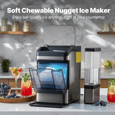 Nugget Ice Maker Countertop, 48LBS/24H Chewable Pellet Ice Maker with 0.8 Gal Water Tank, 5 Mins Fast Ice Making, Self-Cleaning Chewable Ice Machine Low Noise for Home, Kitchen, Office, Bar