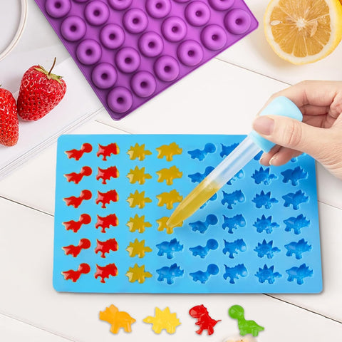 4Pcs Gummy Candy Molds - Silicone Gummy Dinosaur/Bear/Donut/Small Hearts Shapes/Snack Mold with 2pcs Dropper,Non-stick and Bpa Free for Mini Candy Chocolate Gummies Baking