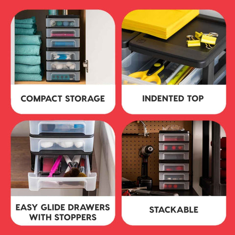 IRIS USA 4-Pack, 3-Drawer Small Plastic Stacking Desktop Organizer, Black | Keep dorm desks tidy with drawers for school supplies, makeup, chargers, snacks and everyday college essentials