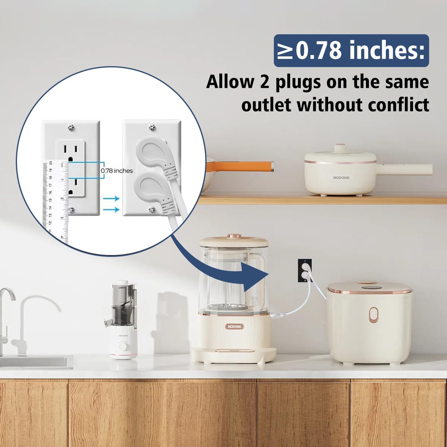 1875W Short Extension Cord,15A 14AWG Low Profile Flat Plug Heavy Duty Extension Cord Outlet Saver 3-Prong Grounded Power Extension Cable (White 3 Feet)