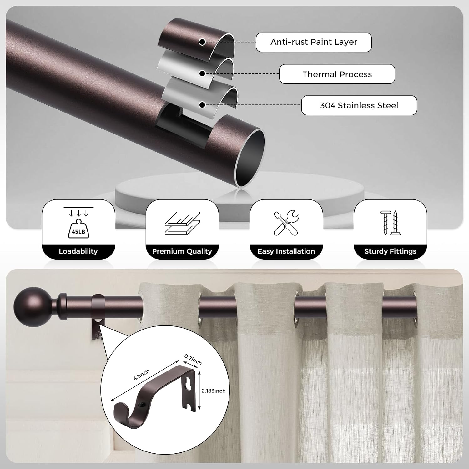 Red Bronze Curtain Rod 36-60 Inch, 1 Inch Adjustable Heavy Duty Curtain Rods for Windows, Decorative Modern Window Treatment Rods, Telescopic Splicing Metal Drapery Pole, Easy Installation