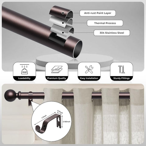 Red Bronze Curtain Rod 36-60 Inch, 1 Inch Adjustable Heavy Duty Curtain Rods for Windows, Decorative Modern Window Treatment Rods, Telescopic Splicing Metal Drapery Pole, Easy Installation