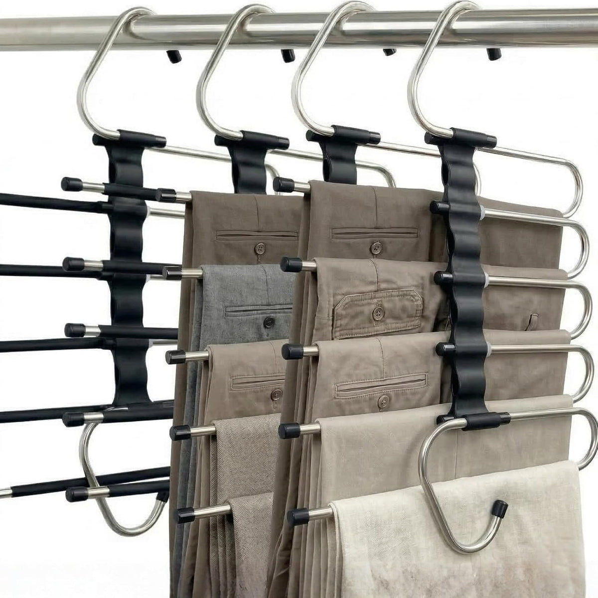 Pants Hangers Space Saving, 5 Tier Jeans Hanger for Closet, Black Multiple Heavy Duty Stainless Steel Pant Rack for Trousers, Legging with 20 Clips (4 Pack)