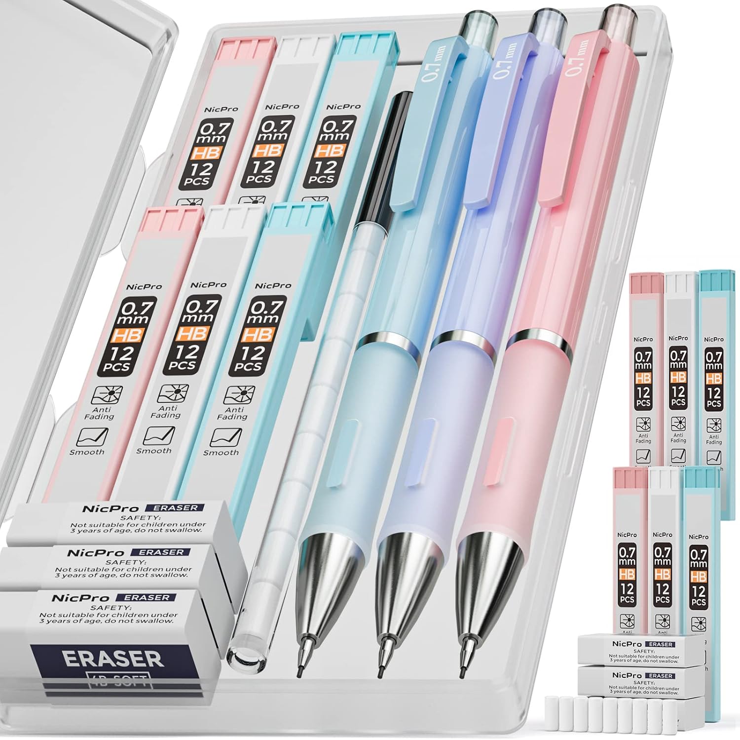 Nicpro 3PCS Cute Mechanical Pencil Set with Case, 0.7 mm Pencils