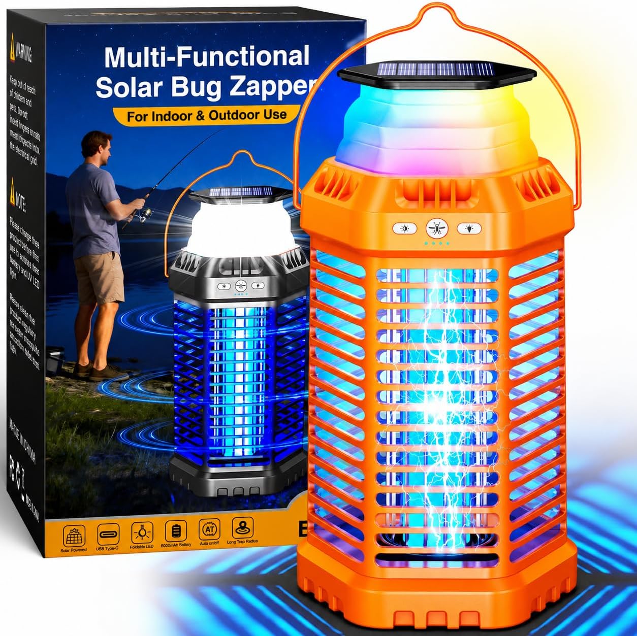 Foldable Solar Bug Zapper, High-Efficiency Mosquito & Fly Zapper, 6000mAh Rechargeable Battery, Solar & USB Charging, 2-in-1 Camping Light for Indoor & Outdoor Use