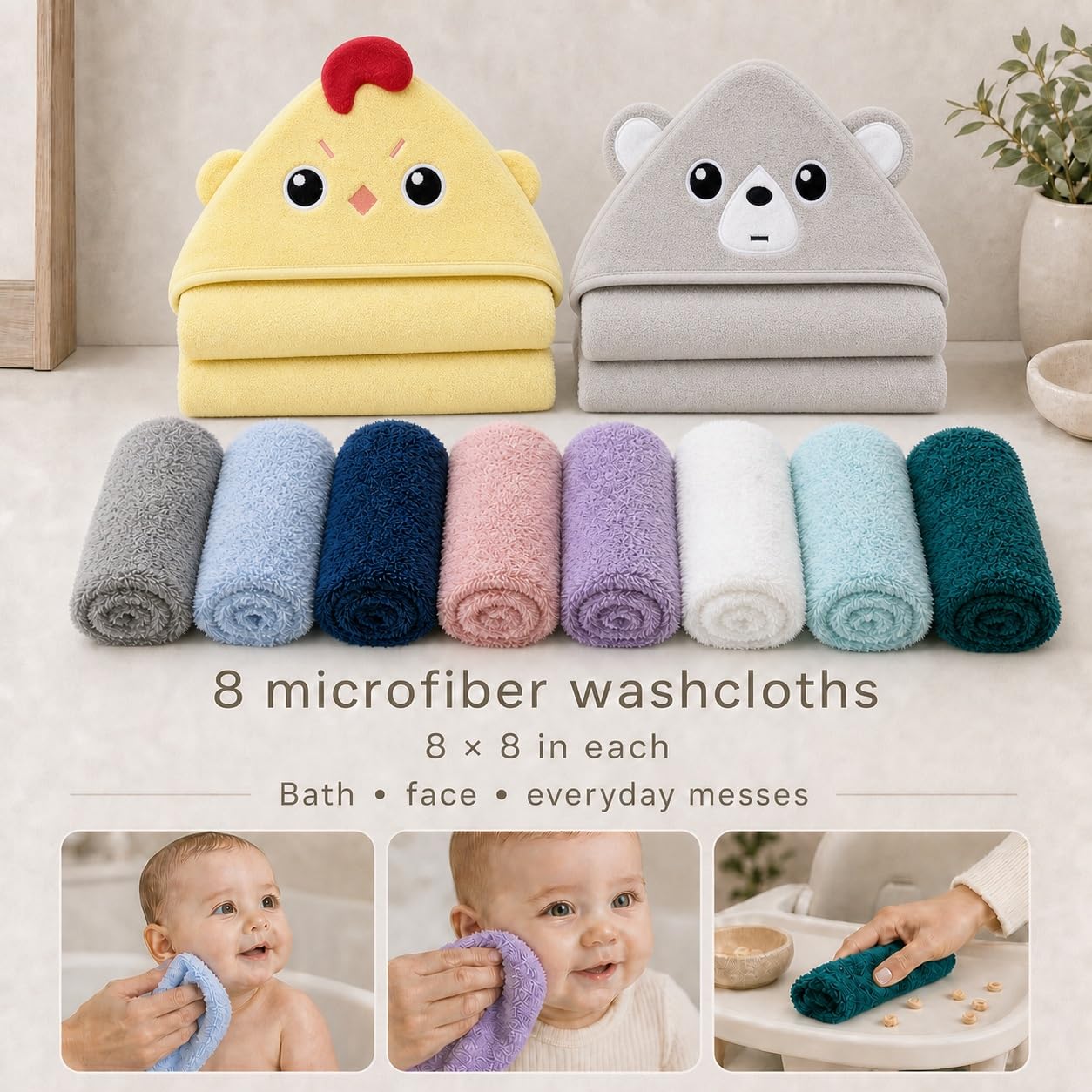Cute Castle 2 Pack Hooded Baby Towel Rayon Made from Bamboo with 8 Washcloths - Soft Bath Towel for Bathtub for Babie, Newborn, Infant, Natural Baby Stuff Towel (Chicken and Bear)