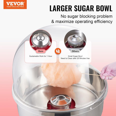 VEVOR Cotton Candy Machine Commercial, 1000W Electric Floss Maker with Cover, Stainless Steel Bowl, Sugar Scoop, Storage Drawer, Perfect for Home, Carnival, Kids Birthday, Family Party, Red