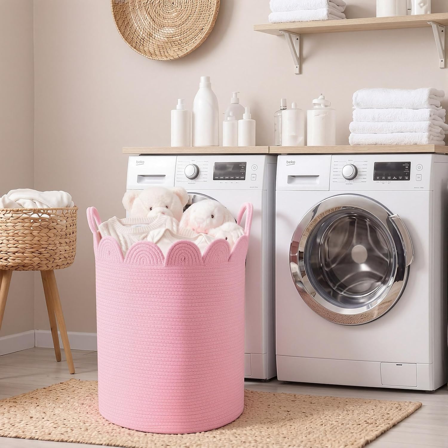 LemonRoad Pink Round Storage Basket Scalloped Cotton Rope Basket 15''x20''