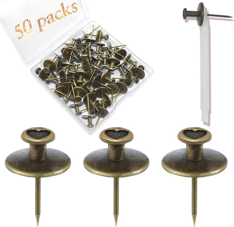 50 PCS Push Pins Picture Hanger Hooks, Double Headed Nails Push Pin Thumbtacks for Wall Hangings Picture, Decorative Small Hook Pins for Drywall Cork Board Home Office Photo Decorations (Bronze)