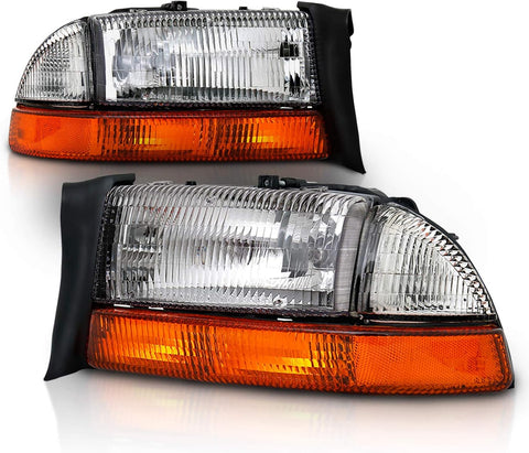 AmeriLite for 1997-2004 Dodge Dakota/Durango Chrome Replacement Headlights 4Pc Sets Parking Turn Signal (Pair) w/Mounting Bracket