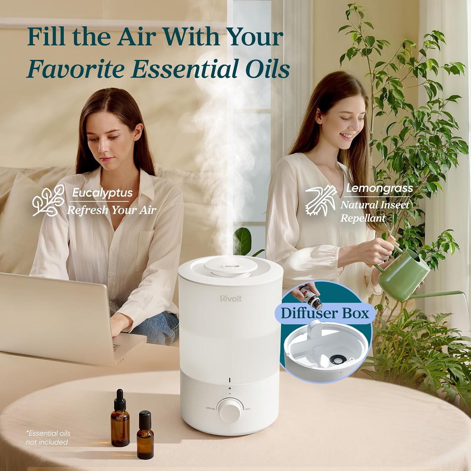 Levoit Humidifiers for Bedroom, Quiet, 3L Cool Mist, Essential Oil Diffuser