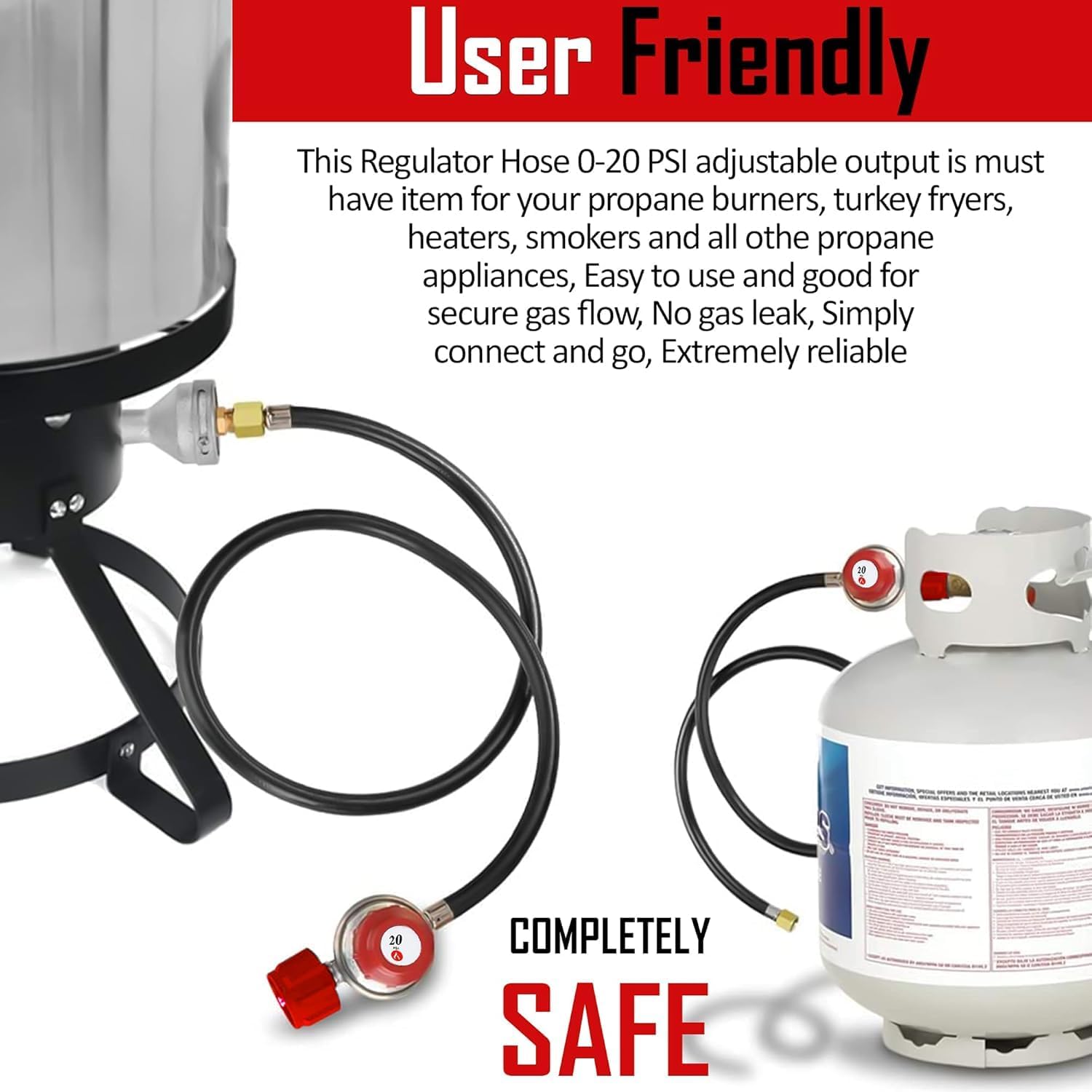 GasOne 2109-RED 4 ft High Pressure 0-20 PSI Adjustable Regulator with Red QCC-1 Type Hose-Works with Newer U.S. Propane Tanks